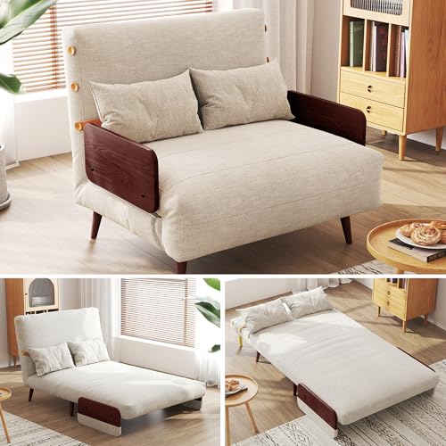 Convertible Chair Bed Sleeper for Adults, Linen with Wooden Arms & Pillows, Foldable Single Futon Sofa Bed Q683821