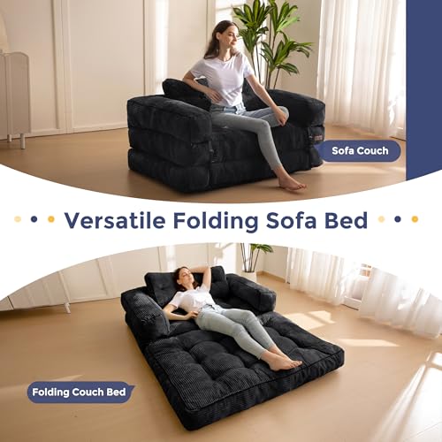 Folding Sofa Bed, L-Shaped Convertible Sleeper Couch with Armrest and Pillow, Dark Grey M375676