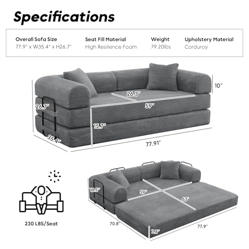 Corduroy Convertible Sleeper Sofa Bed with Pillow, Beige O72530