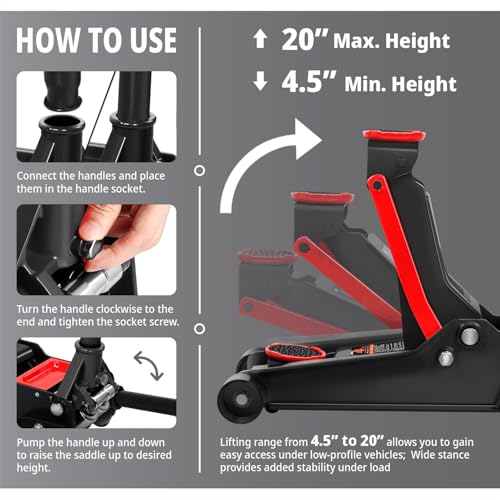 Floor Jack 3 Ton Capacity, Low Profile Heavy Duty Hydraulic Car Jack, Lifting Range 3"-20" O821