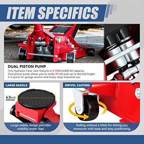 4 Ton Low Profile Floor Jack, Heavy Duty Steel Hydraulic with Dual Pistons Quick Lift Pump P3195