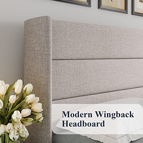 Full Size Lift Up Storage Bed with Wingback Headboard, Hydraulic Support, Light Beige P736605