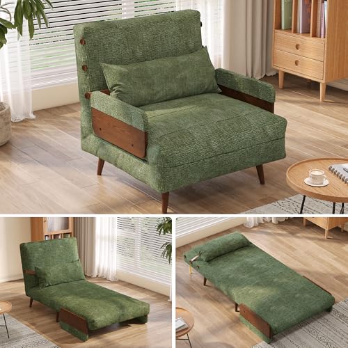 Convertible Chair Bed Sleeper for Adults, Linen with Wooden Arms & Pillows, Foldable Single Futon Sofa Bed Q683821
