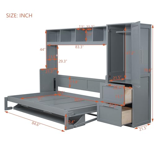Queen Size Murphy Bed Wall Bed with Closet and Drawers, Foldable Platform Bed K658611