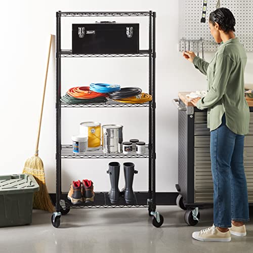5-Shelf Adjustable Heavy Duty Storage Shelving Unit on Wheel Casters, Metal Wire Rack, Black A697