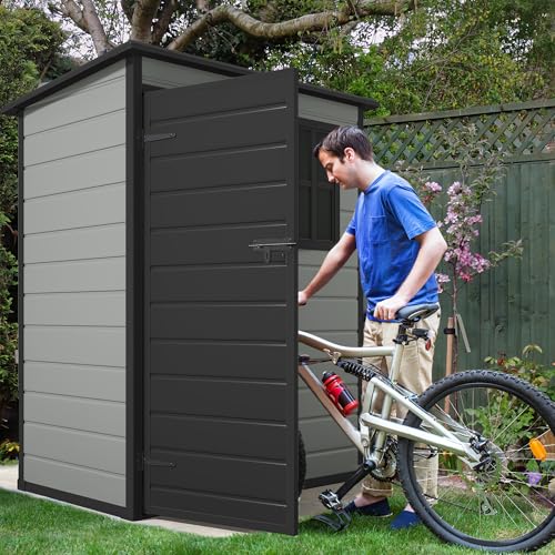 Outdoor Storage Shed with Floor, Lockable Door & Window, Waterproof Resin, Blue-Gray E649