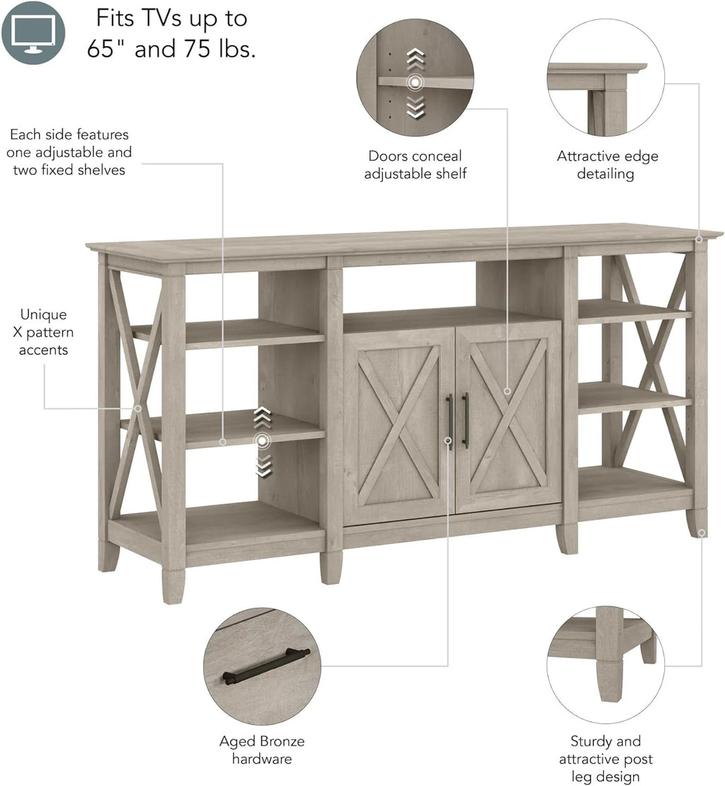 Tall Stand for 65 Inch TV, Farmhouse Entertainment Center with Storage, Washed Gray E4925