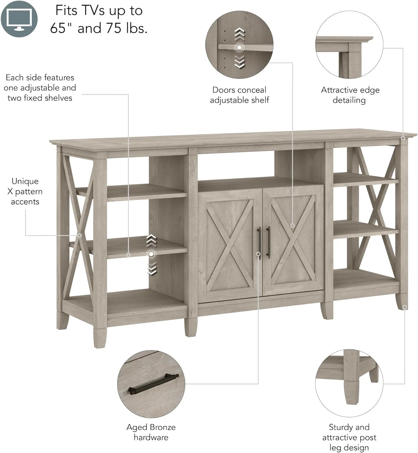 Tall Stand for 65 Inch TV, Farmhouse Entertainment Center with Storage, Washed Gray E4925