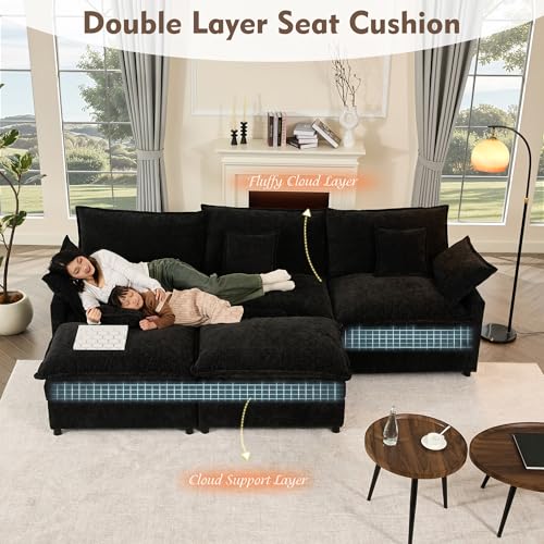 U Shaped Modular Sectional Sofa with Ottoman, Chenille, Black Z16537