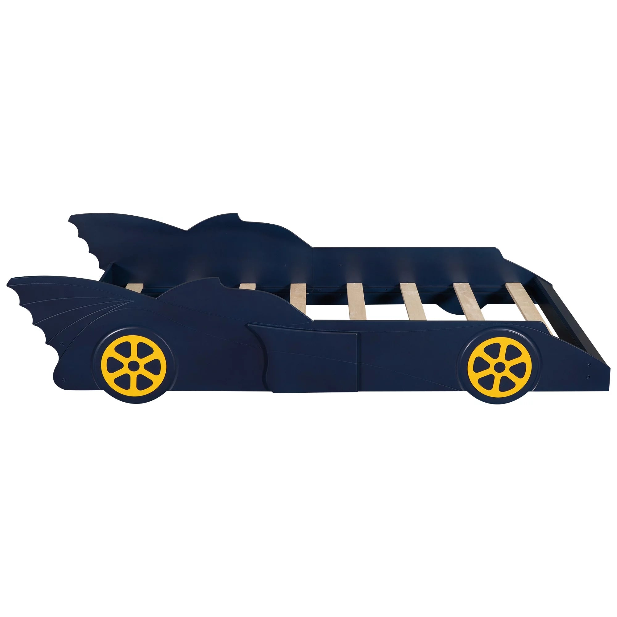 Race Car Shaped Twin Bed Frame with Wheels, Wooden Slats, No Box Spring Needed E72786