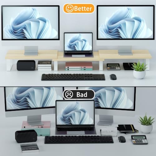 Dual Monitor Stand with Adjustable Length and Angle, Wood Desktop Organizer L351
