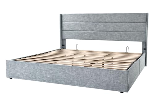Full Size Lift Up Storage Bed with Wingback Headboard, Hydraulic Support, Light Beige P736605