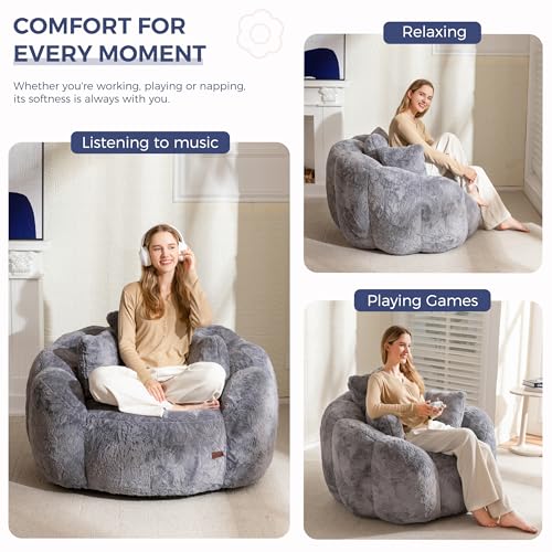 Floral Shaped Bean Bag Sofa for Adults, Faux Fur Floor Chair, Beige U8616