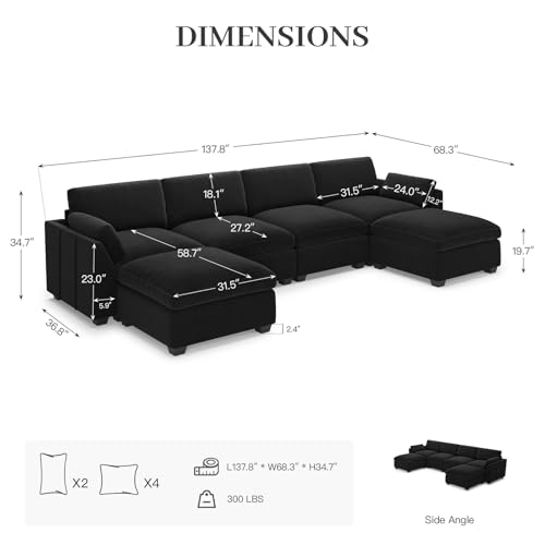 Extra Large Modular Sectional Sofa, 4-Seater L Shaped Couch, Velvet Convertible for Living Room L139