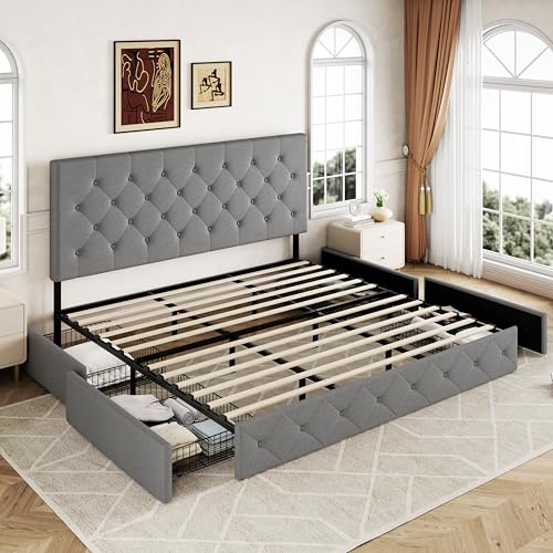 Upholstered Queen Platform Bed Frame with 4 Storage Drawers and Headboard G724955