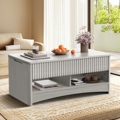 Lift Top Coffee Table with Open and Hidden Storage, Modern Fluted Design S200567