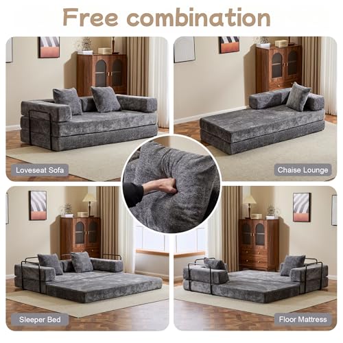 Foldable Floor Sofa Bed with Pillow Back and Armrest, Dark Gray S29408