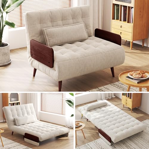 Convertible Chair Bed Sleeper for Adults, Linen with Wooden Arms & Pillows, Foldable Single Futon Sofa Bed Q683821