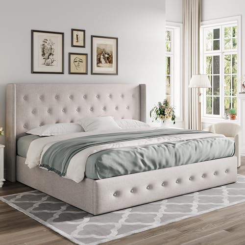 Full Size Lift Up Storage Bed with Wingback Headboard, Hydraulic Support, Light Beige P736605