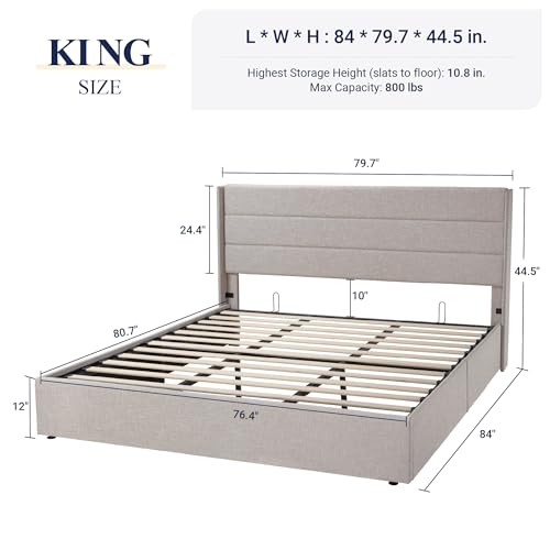 Full Size Lift Up Storage Bed with Wingback Headboard, Hydraulic Support, Light Beige P736605