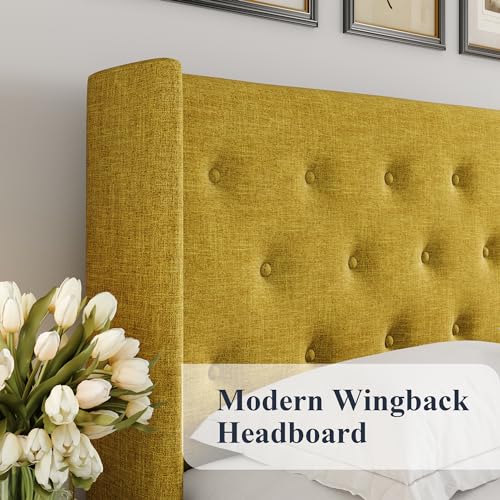 Full Size Lift Up Storage Bed with Wingback Headboard, Hydraulic Support, Light Beige P736605