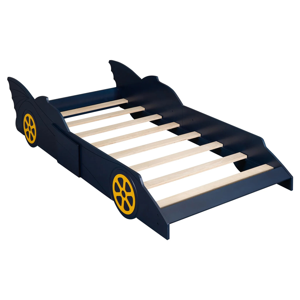 Race Car Shaped Twin Bed Frame with Wheels, Wooden Slats, No Box Spring Needed E72786