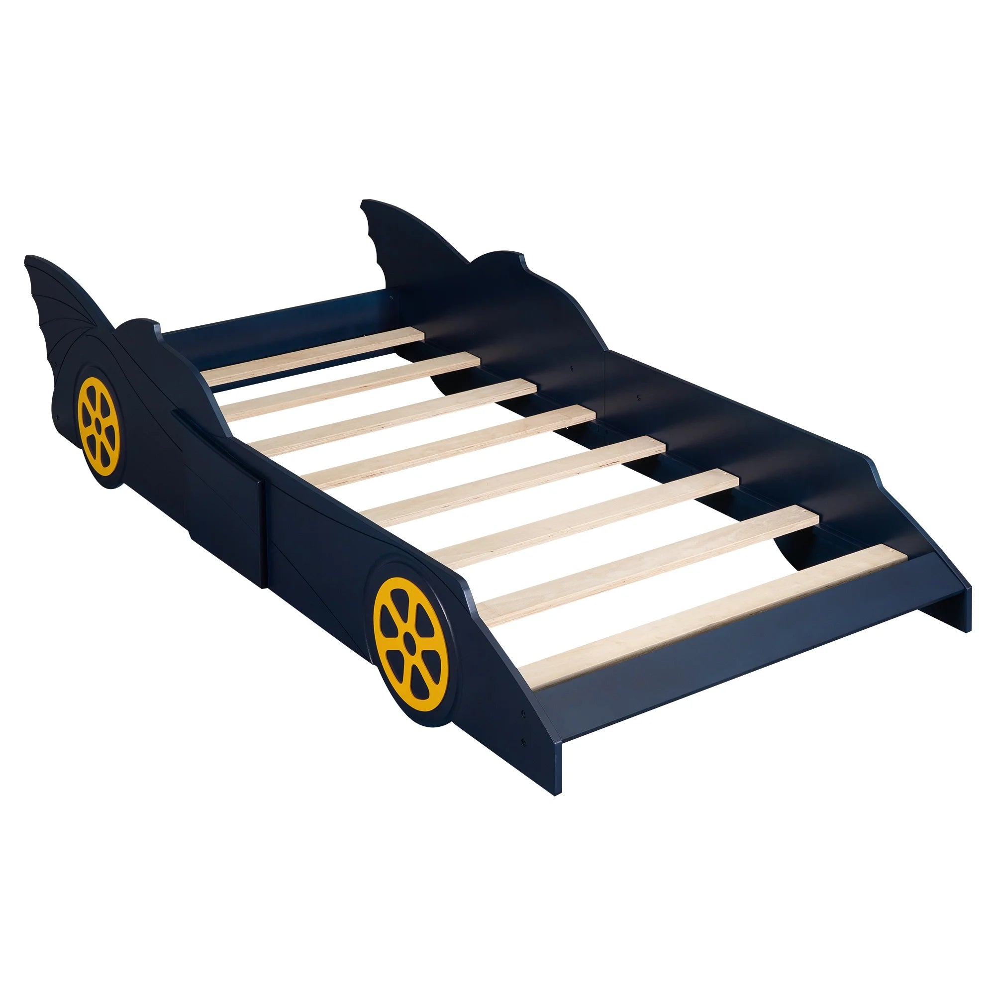 Race Car Shaped Twin Bed Frame with Wheels, Wooden Slats, No Box Spring Needed E72786