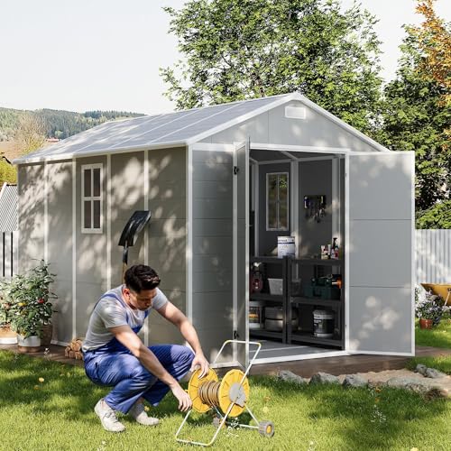 Outdoor Storage Shed 8 x 10 FT, Resin Garden Shed with Floor and Lockable Door O252402
