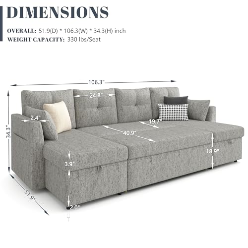 Oversized Sleeper Sofa Couch with Double Storage Chaise, Dark Grey B422253