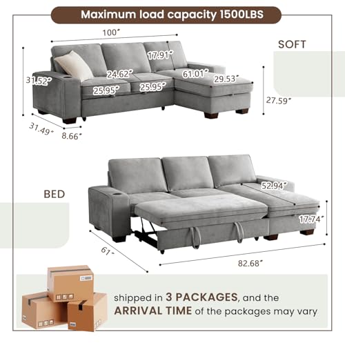 Convertible Sleeper Sofa Bed L Shaped with Storage Chaise, Gray N77725