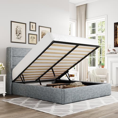 Full Size Lift Up Storage Bed with Wingback Headboard, Hydraulic Support, Light Beige P736605