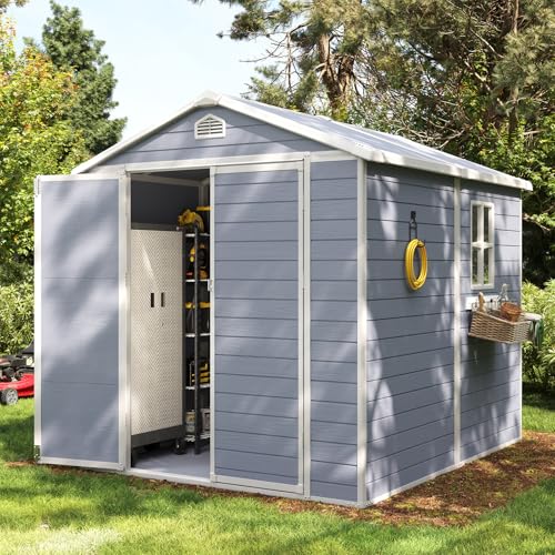 Outdoor Storage Shed with Window, Resin Garden Tool Shed with Lockable Doors W5772