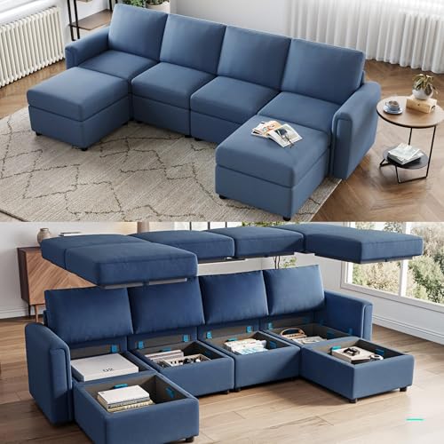 Modular Sectional Sofa with Storage, U Shaped Couch, Blue Y4358
