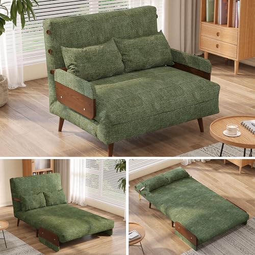 Convertible Chair Bed Sleeper for Adults, Linen with Wooden Arms & Pillows, Foldable Single Futon Sofa Bed Q683821