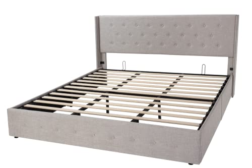 Full Size Lift Up Storage Bed with Wingback Headboard, Hydraulic Support, Light Beige P736605