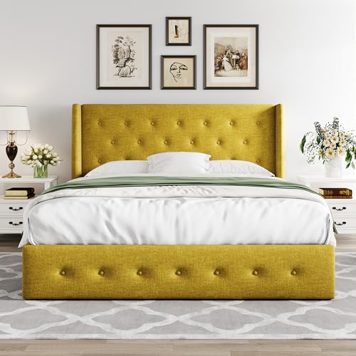 Full Size Lift Up Storage Bed with Wingback Headboard, Hydraulic Support, Light Beige P736605