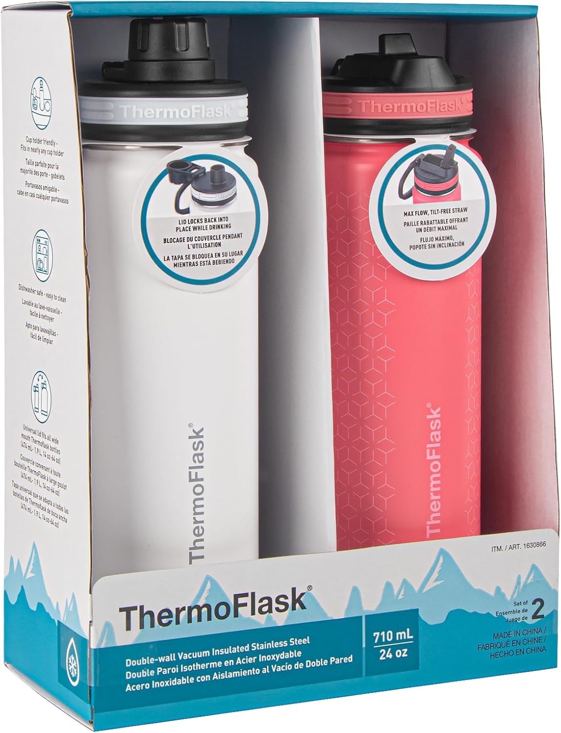 24 oz Double Wall Vacuum Insulated Stainless Steel Water Bottles 2-Pack, White/Coral R81820