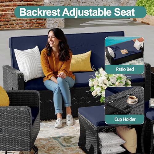 Wicker Patio Furniture Set with Swivel Recline Chairs and Storage Ottoman B707