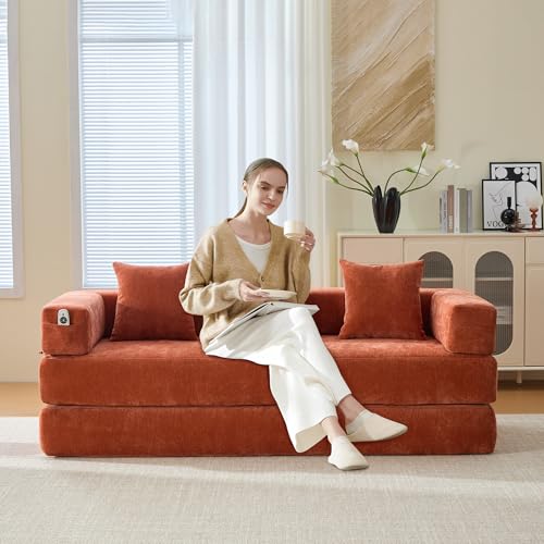 Corduroy Convertible Sleeper Sofa Bed with Pillow, Beige O72530