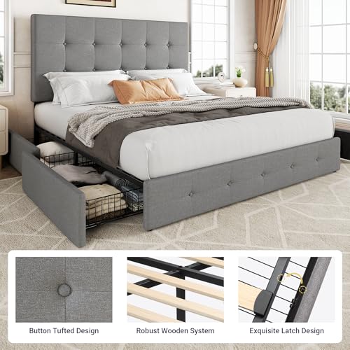 Upholstered Queen Platform Bed Frame with 4 Storage Drawers and Headboard G724955