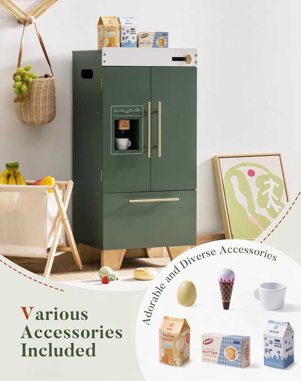 Wooden Toy Fridge Play Kitchen Set with Accessories for Kids Pretend Play N8559
