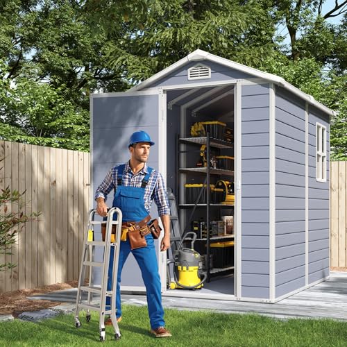 Outdoor Storage Shed with Window, Resin Garden Tool Shed with Lockable Doors W5772