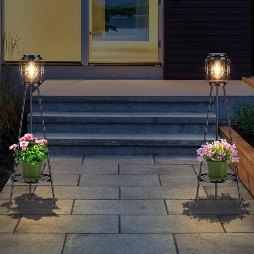 Solar Lights Outdoor with Plant Stands, Metal Tripod Patio Lamp B77585