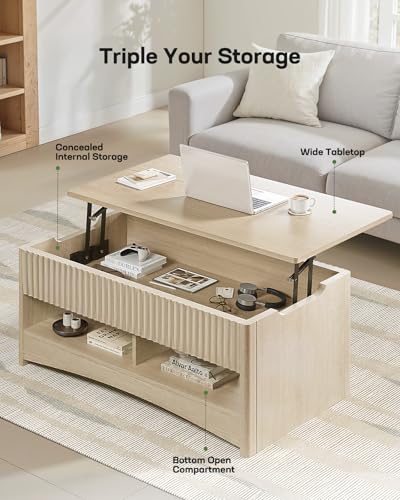 Lift Top Coffee Table with Open and Hidden Storage, Modern Fluted Design S200567