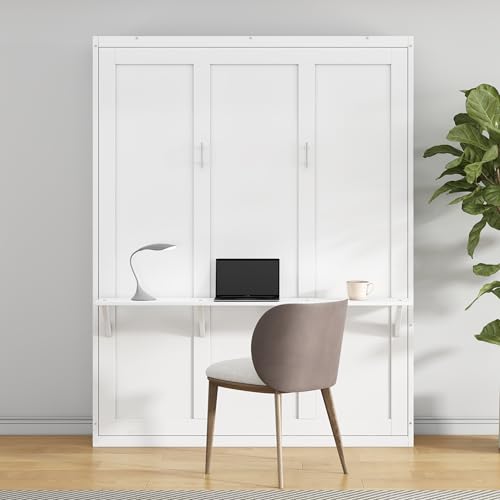 Murphy Bed with Desk Combo, Foldable Wall Bed for Guest Room, White T636394