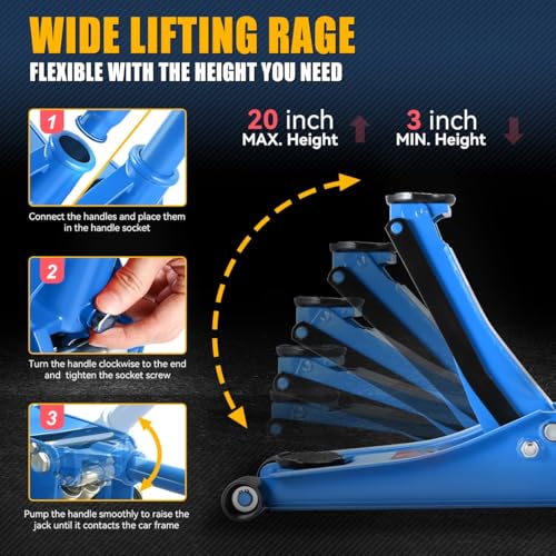 4 Ton Low Profile Floor Jack, Heavy Duty Steel Hydraulic with Dual Pistons Quick Lift Pump P3195