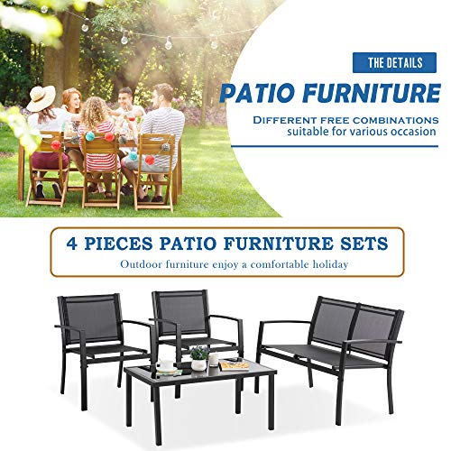 Patio Furniture Set with Glass Coffee Table, 4 Pieces, Black Q940