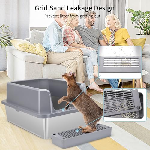 Enclosed Stainless Steel Cat Litter Box with Scoop, High Sided, Anti-Leakage, Easy Cleaning I97563