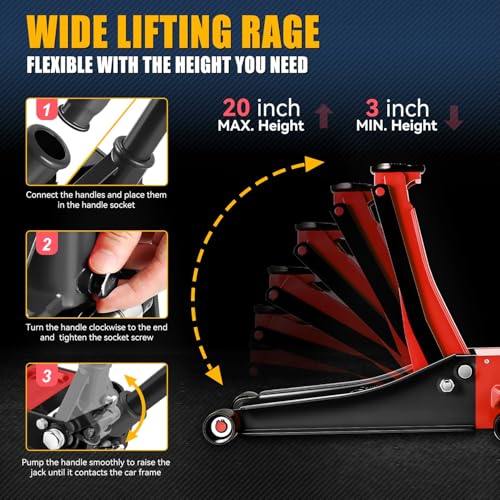 4 Ton Low Profile Floor Jack, Heavy Duty Steel Hydraulic with Dual Pistons Quick Lift Pump P3195