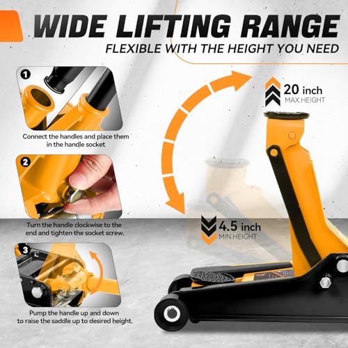 4 Ton Low Profile Floor Jack, Heavy Duty Steel Hydraulic with Dual Pistons Quick Lift Pump P3195